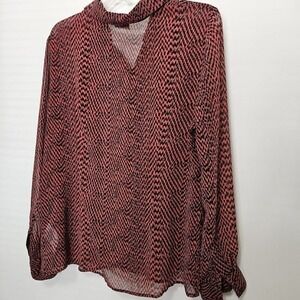 DKNY Blouse Top Womens *L* Black Gray Semi Sheer Draped Layered Tie Button Up